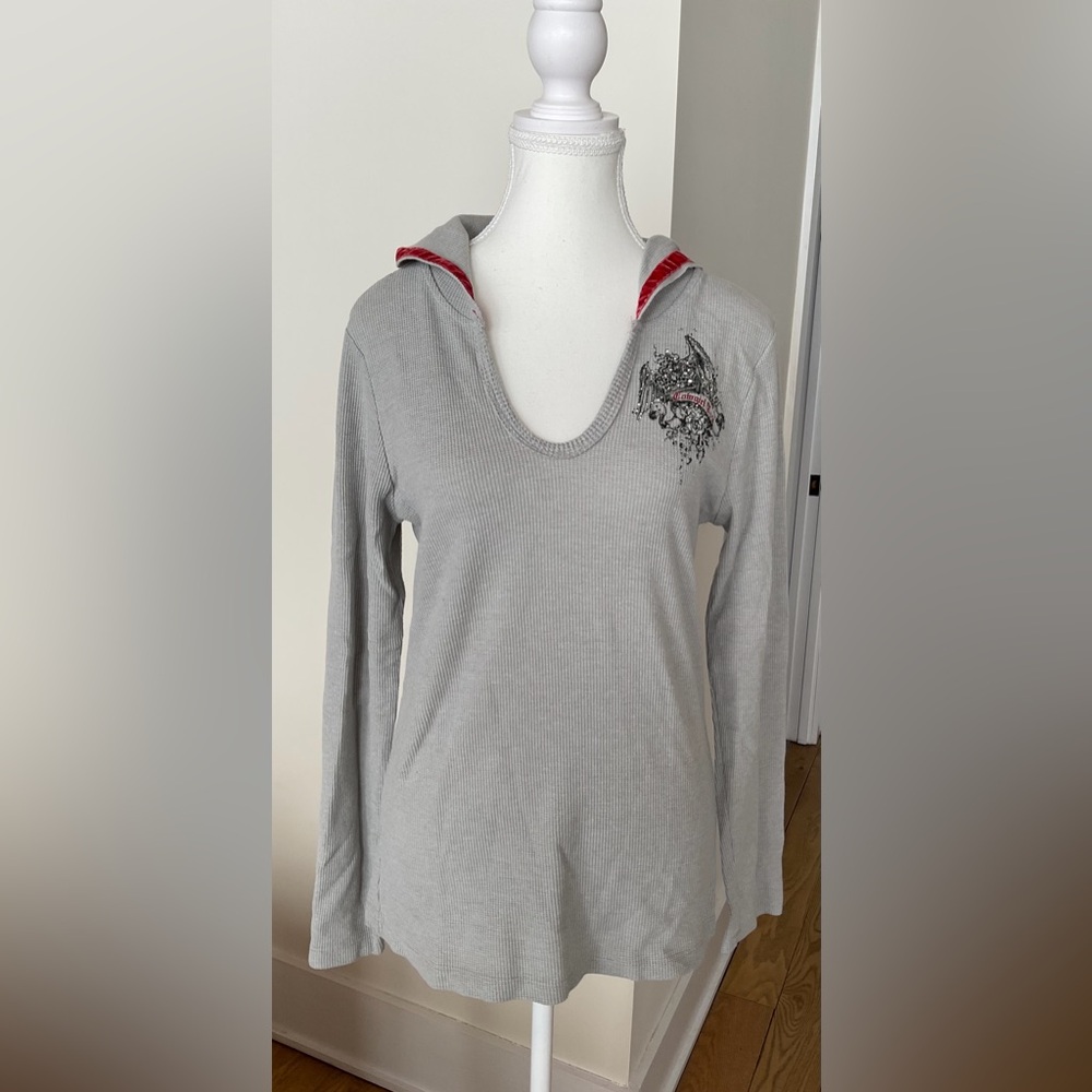 Cowgirl Tuff Co Waffle Knit Hooded Top Grey Embellished Size L